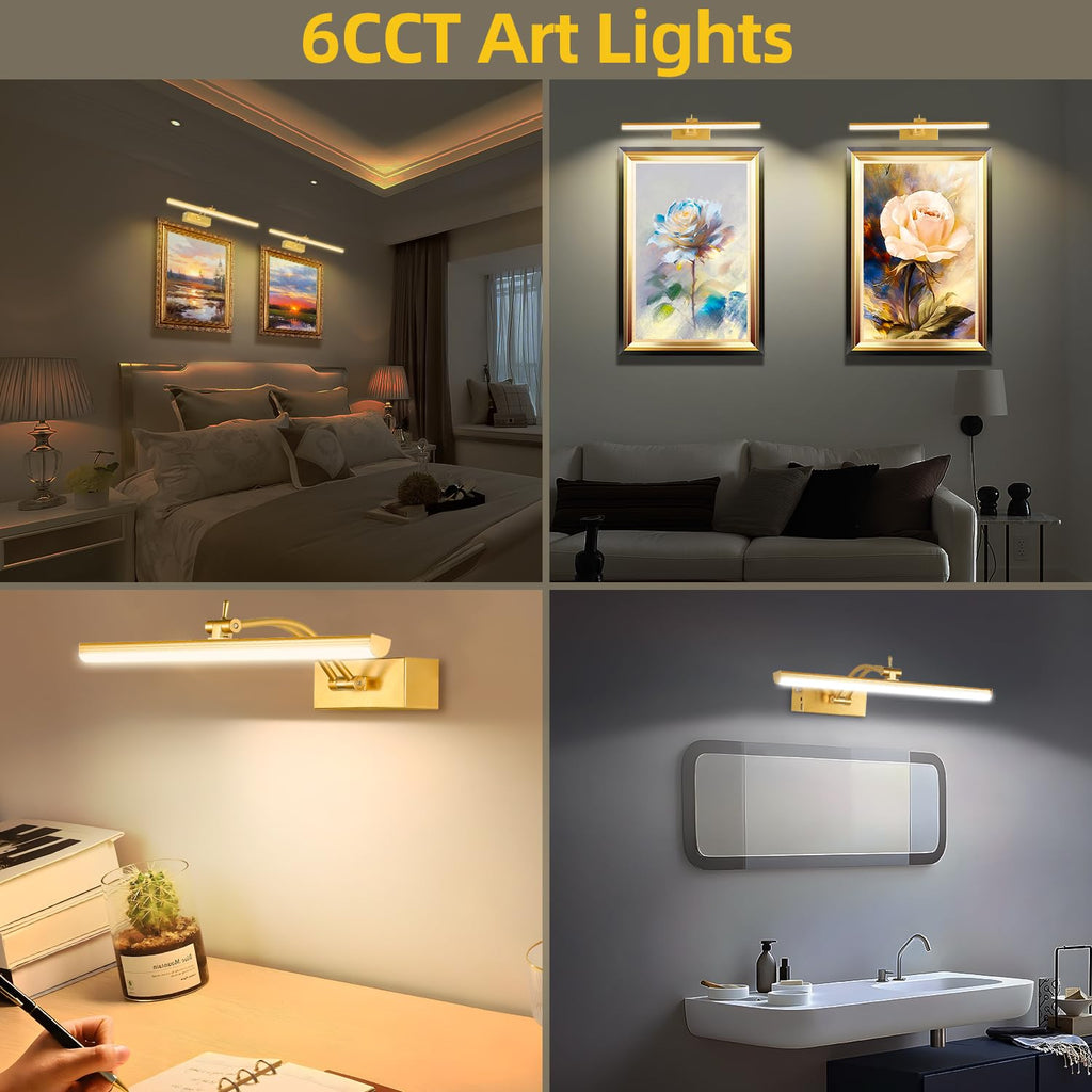 6CCT 16" Rechargeable Picture Lights for Wall with Remote, 4 Pack Gold