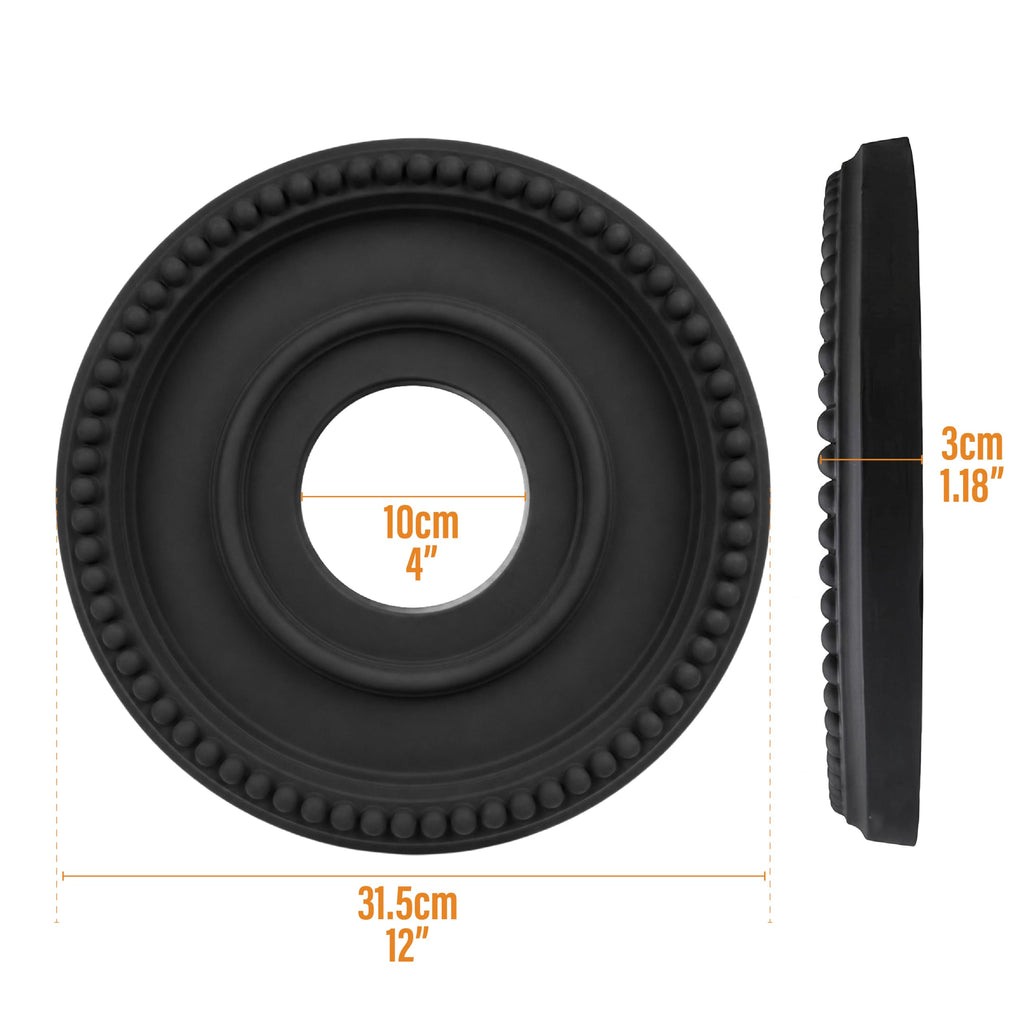 12 Inch OD x 4inch ID Black Ceiling Medallion Plate - PU Plastic Decorative Cover for Fan, Light Fixtures, Chandelier