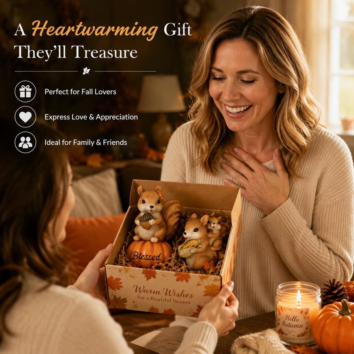 Fall Squirrel Decor, 2-Piece Resin Thanksgiving Figurine Set