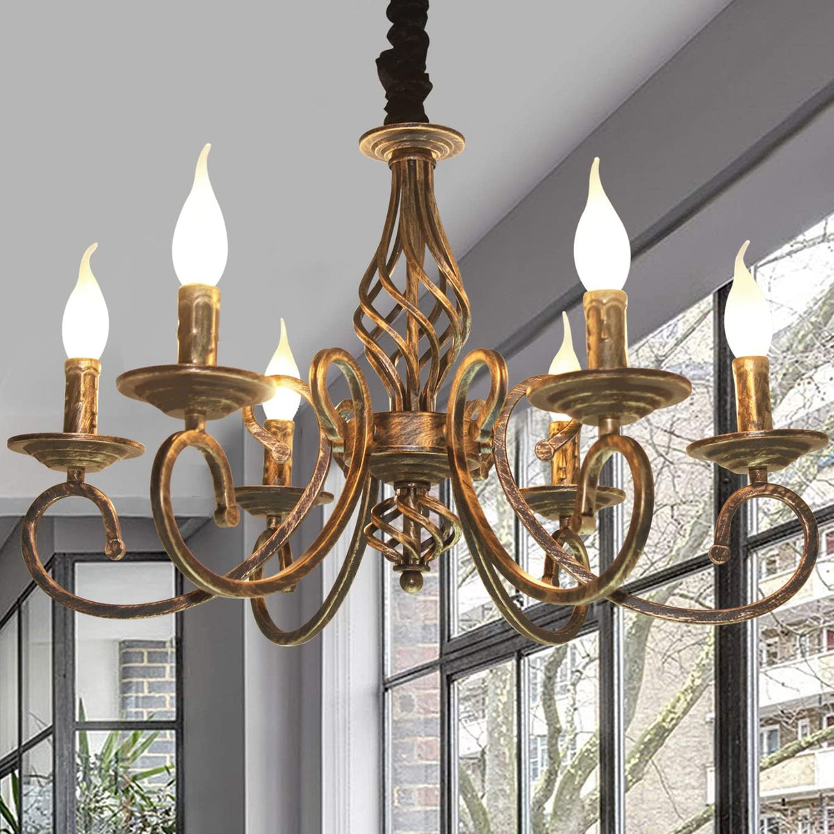 Six-Light Rustic French Country Chandelier with Aged Metal Finish