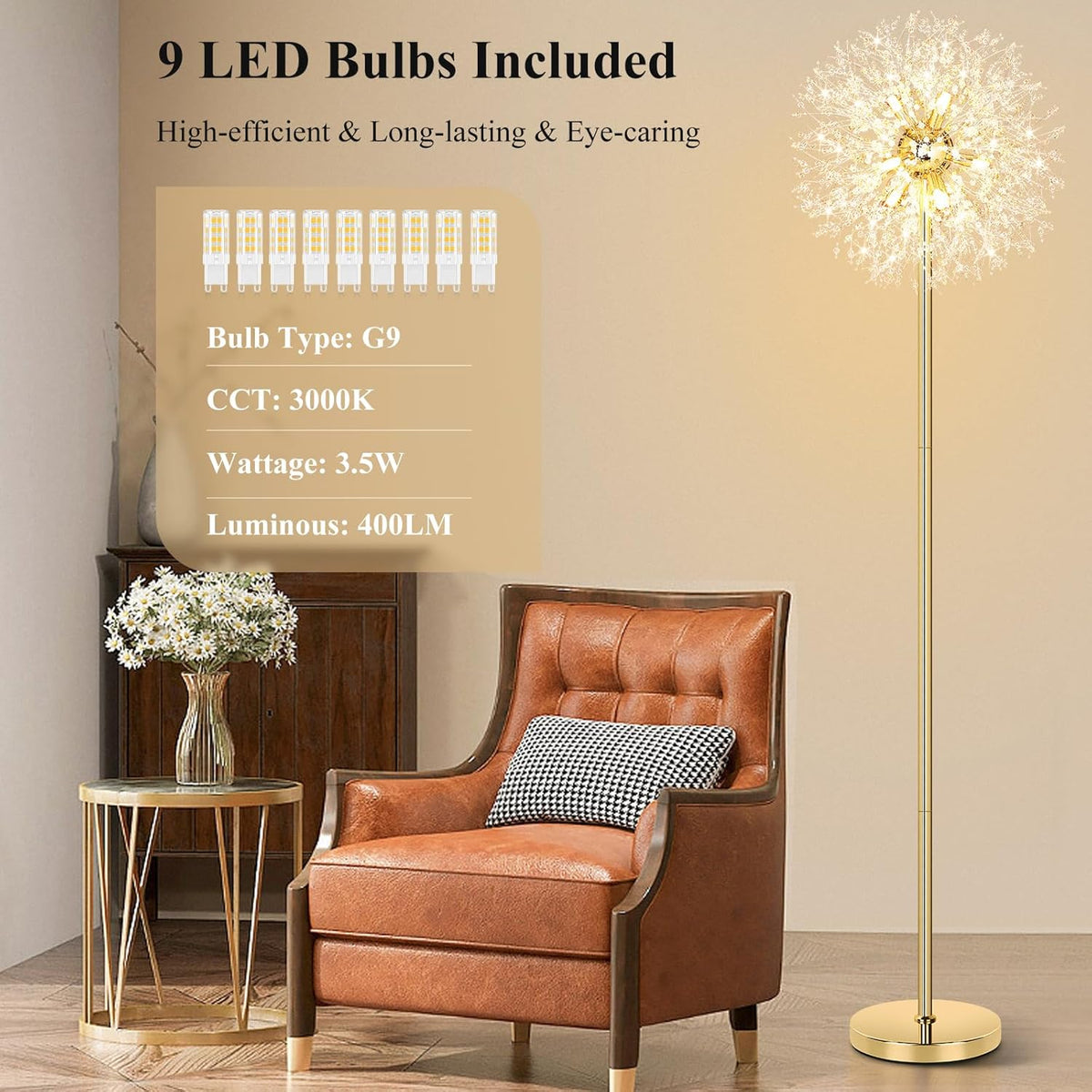 69'' Crystal Floor Lamp, Modern Standing Lamp with 738PCS K9 Crystals, Tall Lamp Pole Light Office
