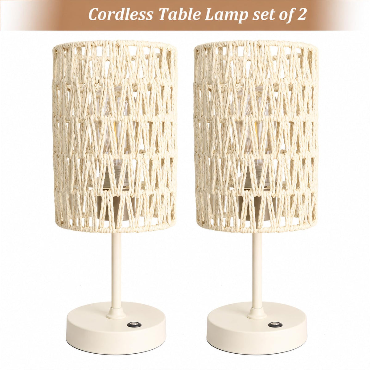 Boho Cordless Outdoor Table Lamps, Rechargeable Battery Operated Rattan Table Lamps, Stepless Dimmable, for Covered