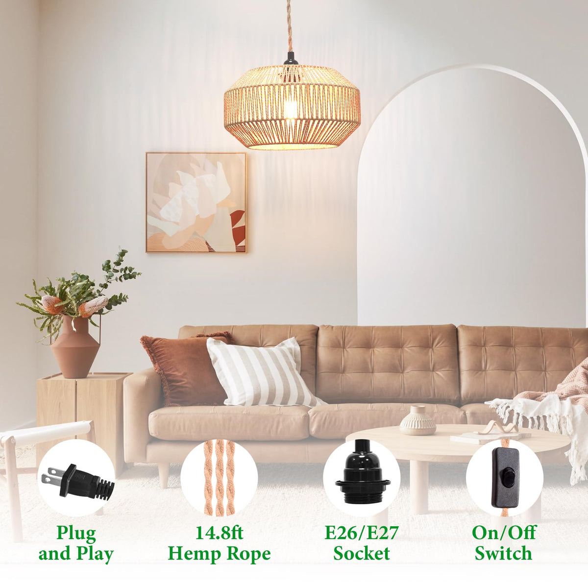 Hanging Lamp Plug in Pendant Light Rattan Hanging Lights with Plug in Cord Hanging lamp Hanging Lights with Plug in