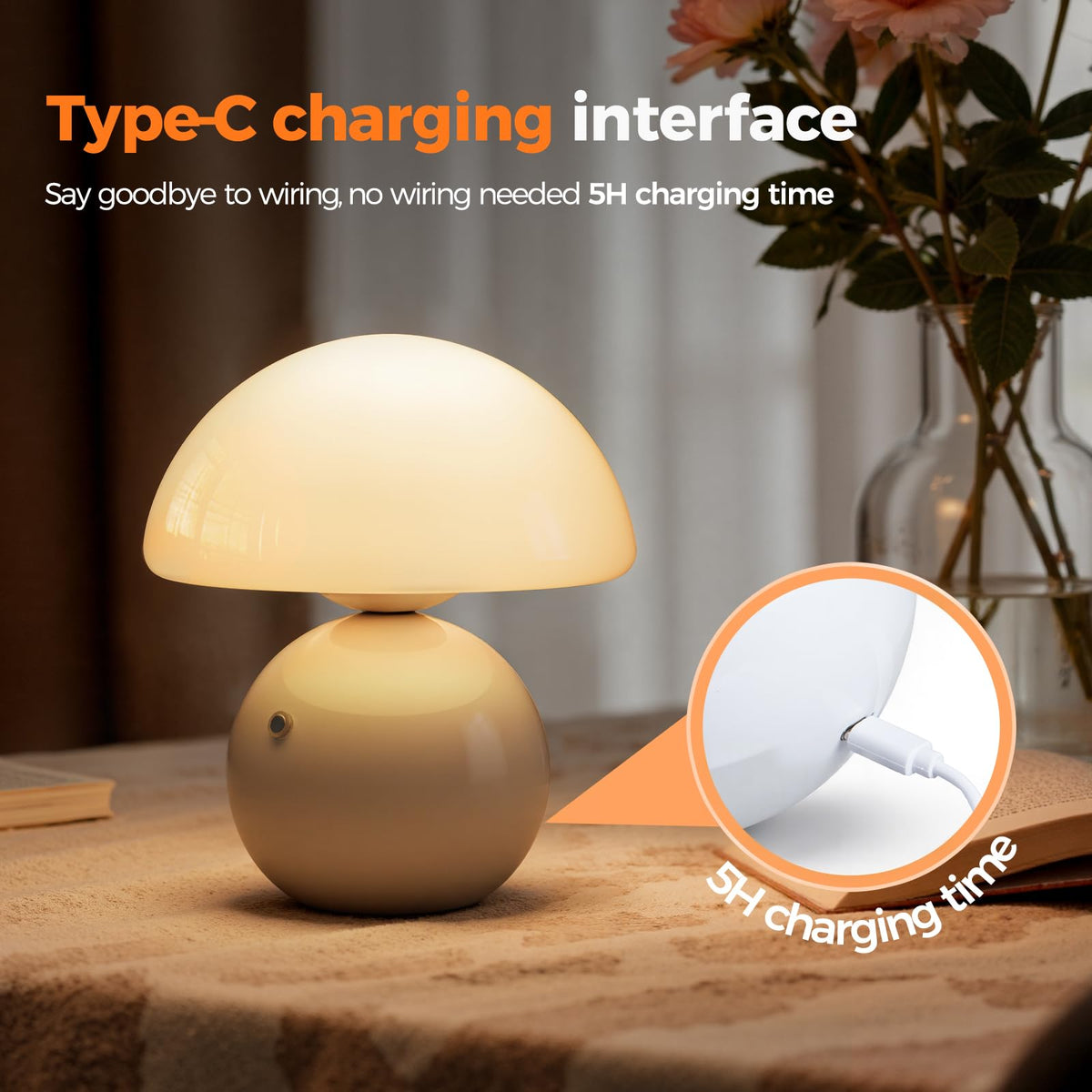 Wireless Mushroom Lamp,Table Lamp, Portables Cordless Lamps,Wireless lamp,Small Bedside Table Touch Lamps,Mini