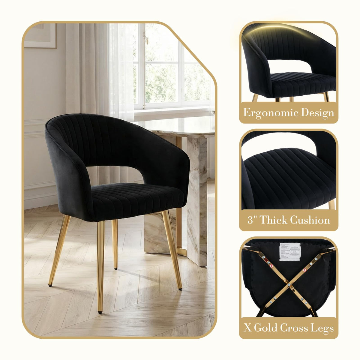 Velvet Dining Chairs Set of 2, Upholstered Dining Room Chairs with Gold Metal Legs, Modern Accent Kitchen Chairs with