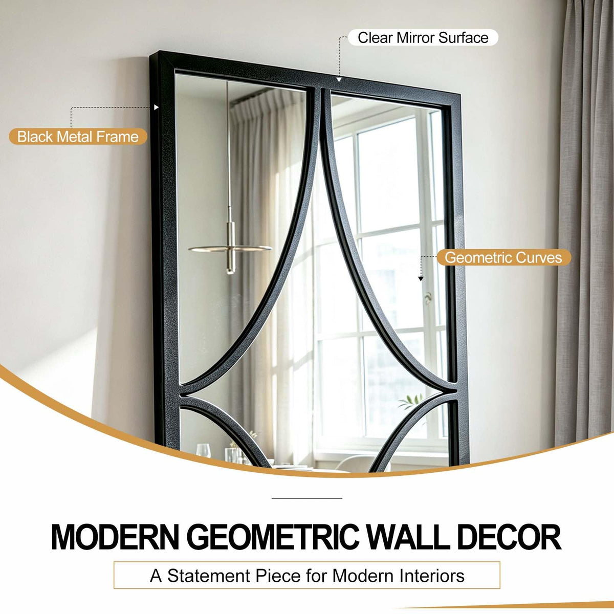 Set of 3 Black Wall Mirrors, Modern Geometric Decorative Mirror Set with Curved Line Design, Contemporary Wall Mirror