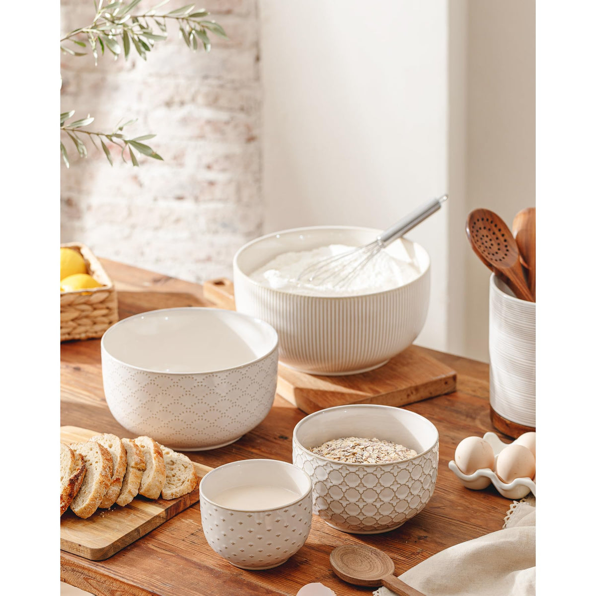 Mikiegy Ceramic Mixing Bowls Set of 4, Nesting Ceramic Embossment Stoneware Mixing Bowls for Cooking, Serving