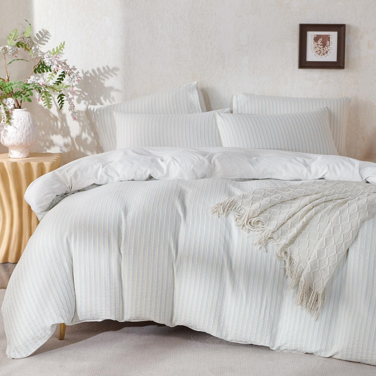 Light Blue Striped Duvet Cover Washed Cotton Jacquard 3 Pieces Bedding White Blue Vertical Ticking Stripes