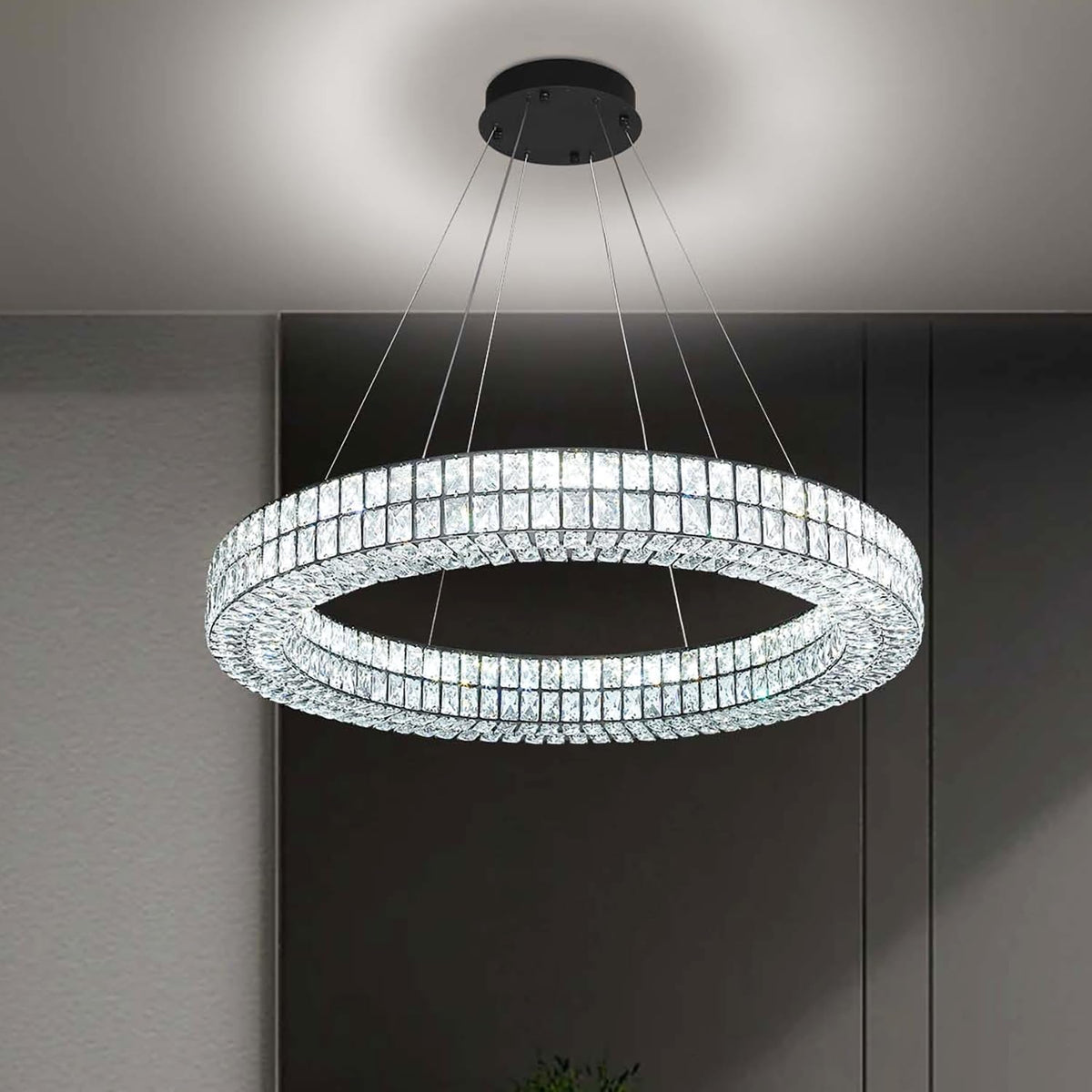 Modern Black LED Ring Chandelier with Dimmable Crystal Lighting
