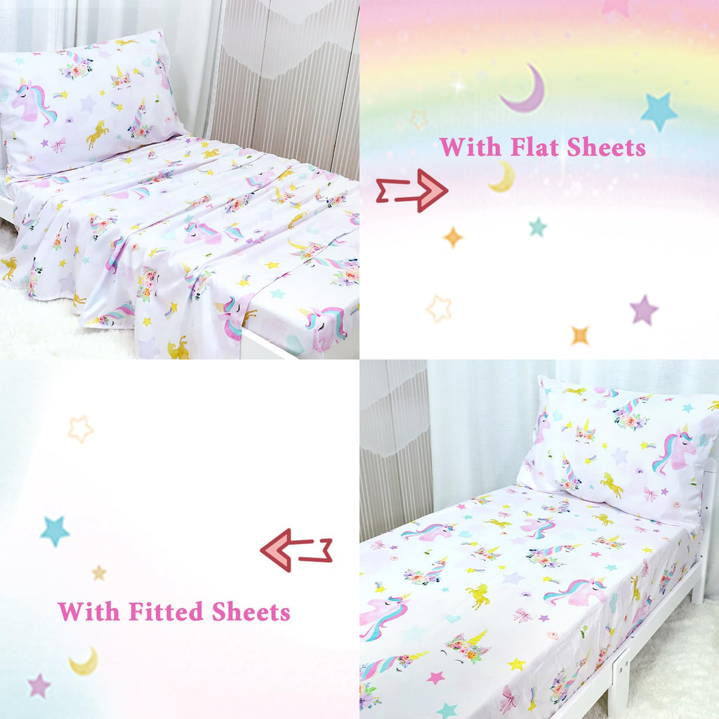 Toddler Bedding Sets for Girls, Unicorn Toddler Crib Bedding Set 4 Piece Pink Floral Toddler Comforter Set Includes
