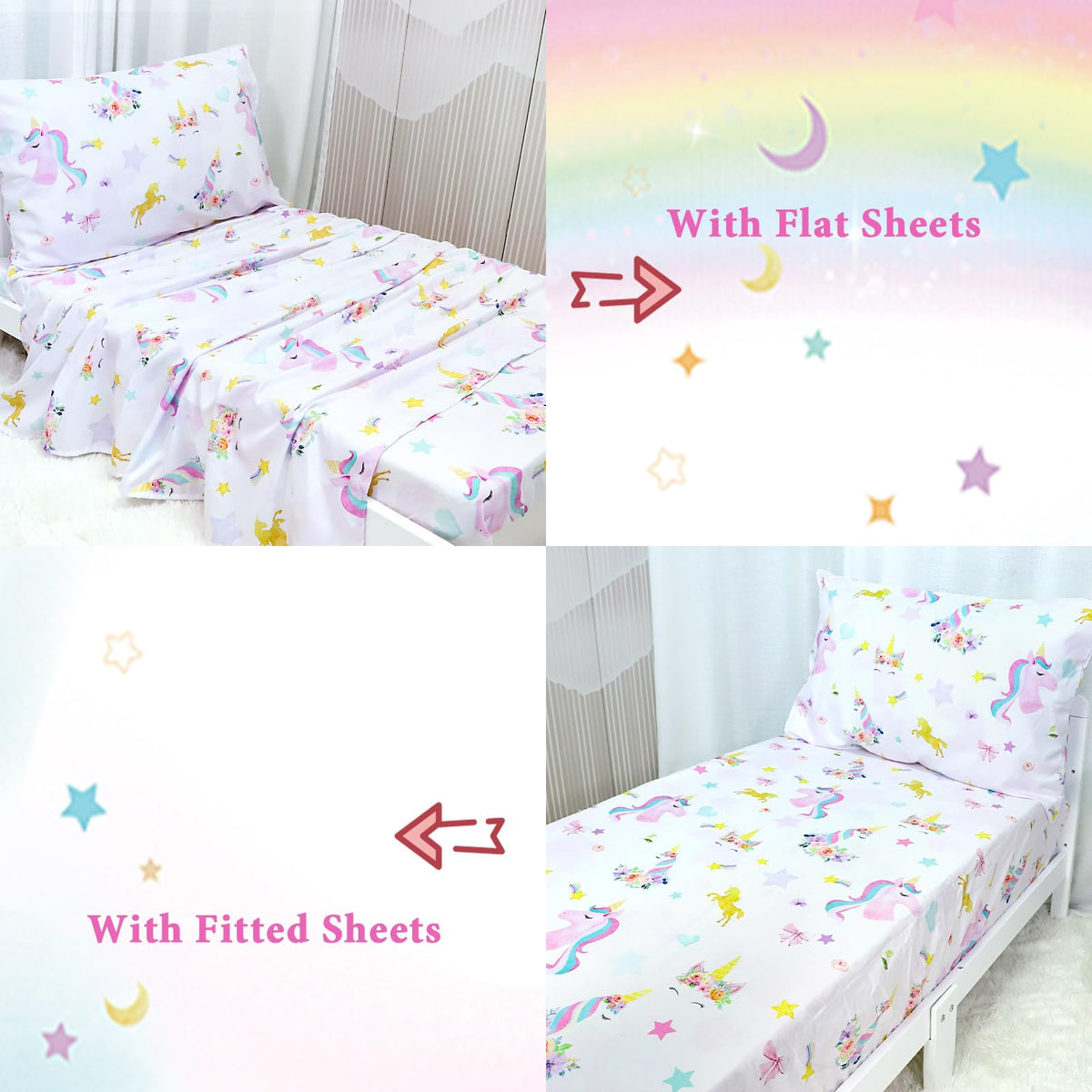 Toddler Bedding Sets for Girls, Unicorn Toddler Crib Bedding Set 4 Piece Pink Floral Toddler Comforter Set Includes