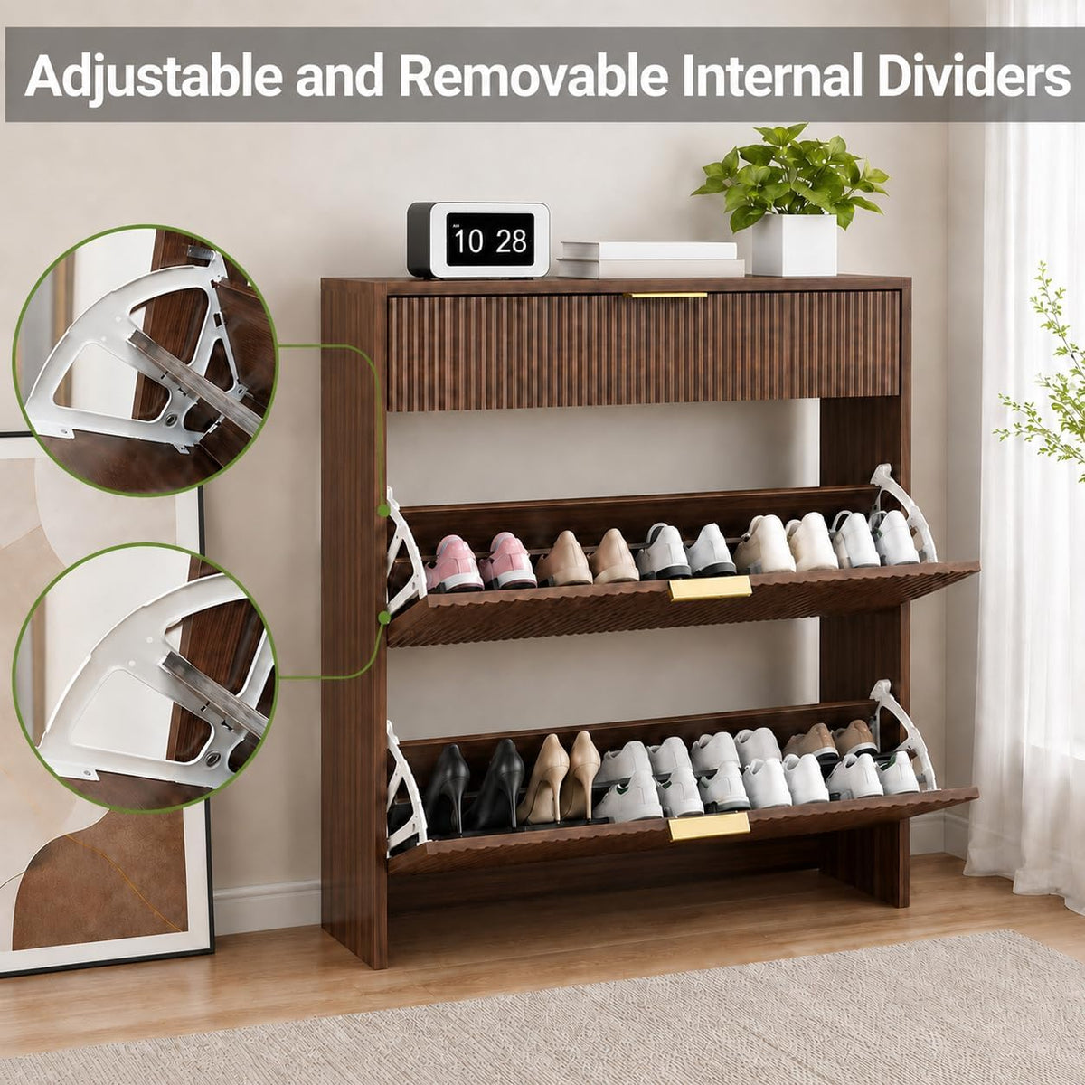 Shoe Storage Cabinet with Gold Pull Handles Narrow Fluted Entryway Shoe Organizer, Freestanding Drawer Rack Bedroom