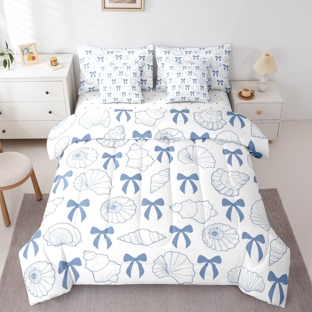 7 Pieces Blue Bowknot Comforter Set with Sheets