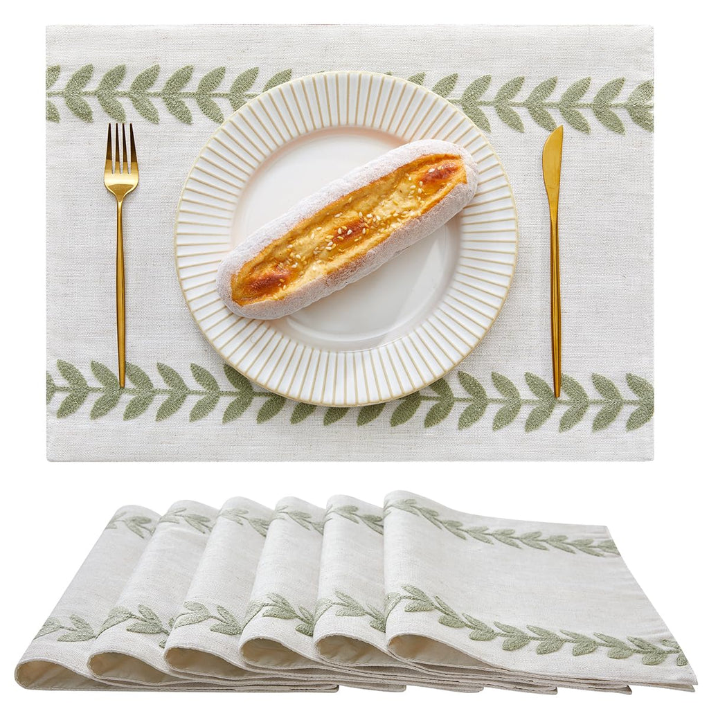 Embroidered Place Mats, Sage Green Rustic Placemats Set of 6
