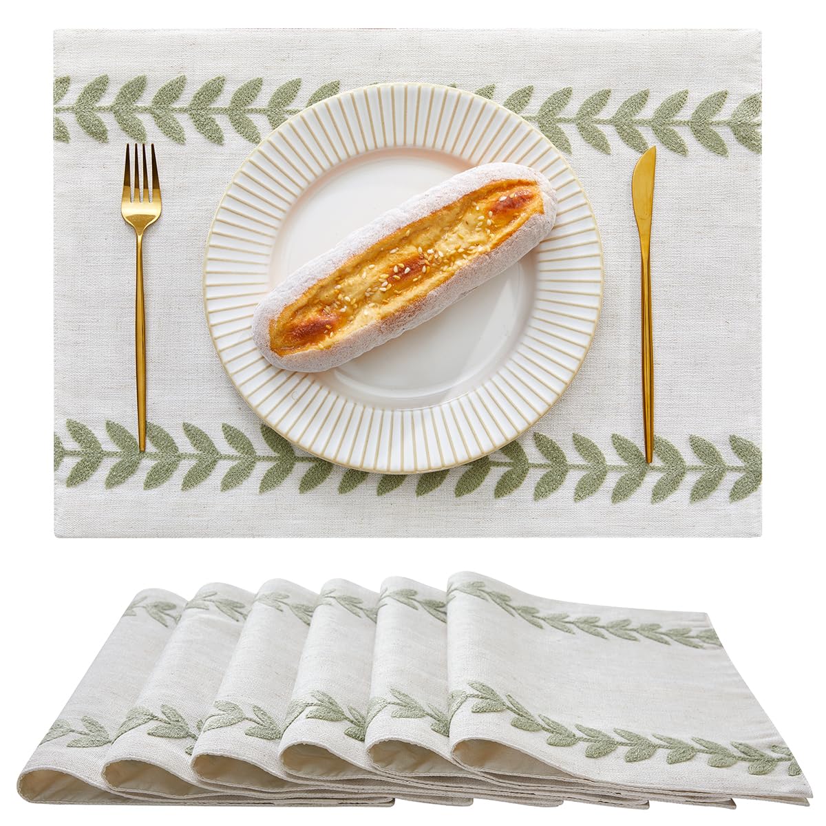 Embroidered Place Mats, Sage Green Rustic Placemats Set of 6