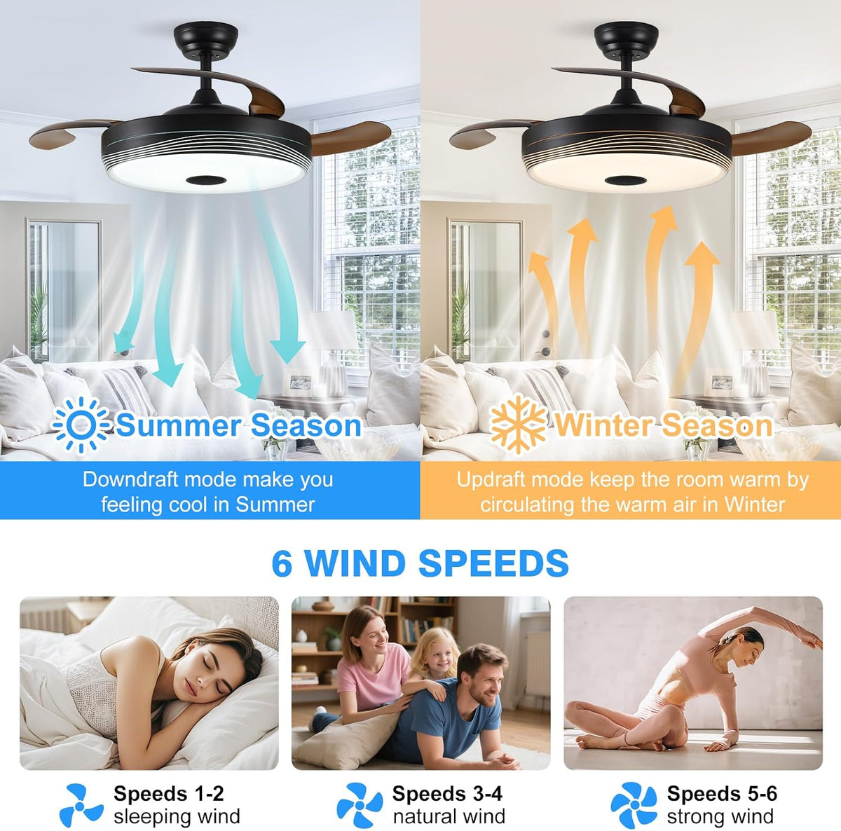 48" Smart Chandelier Retractable Ceiling Fan with Light & Remote