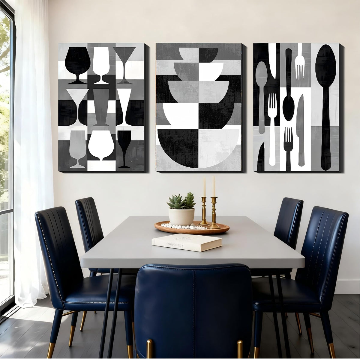 Set of 3 Framed Canvas Pictures - Modern Kitchen Wall Decor, Black & White Utensil Prints, Minimalist Canvas Art