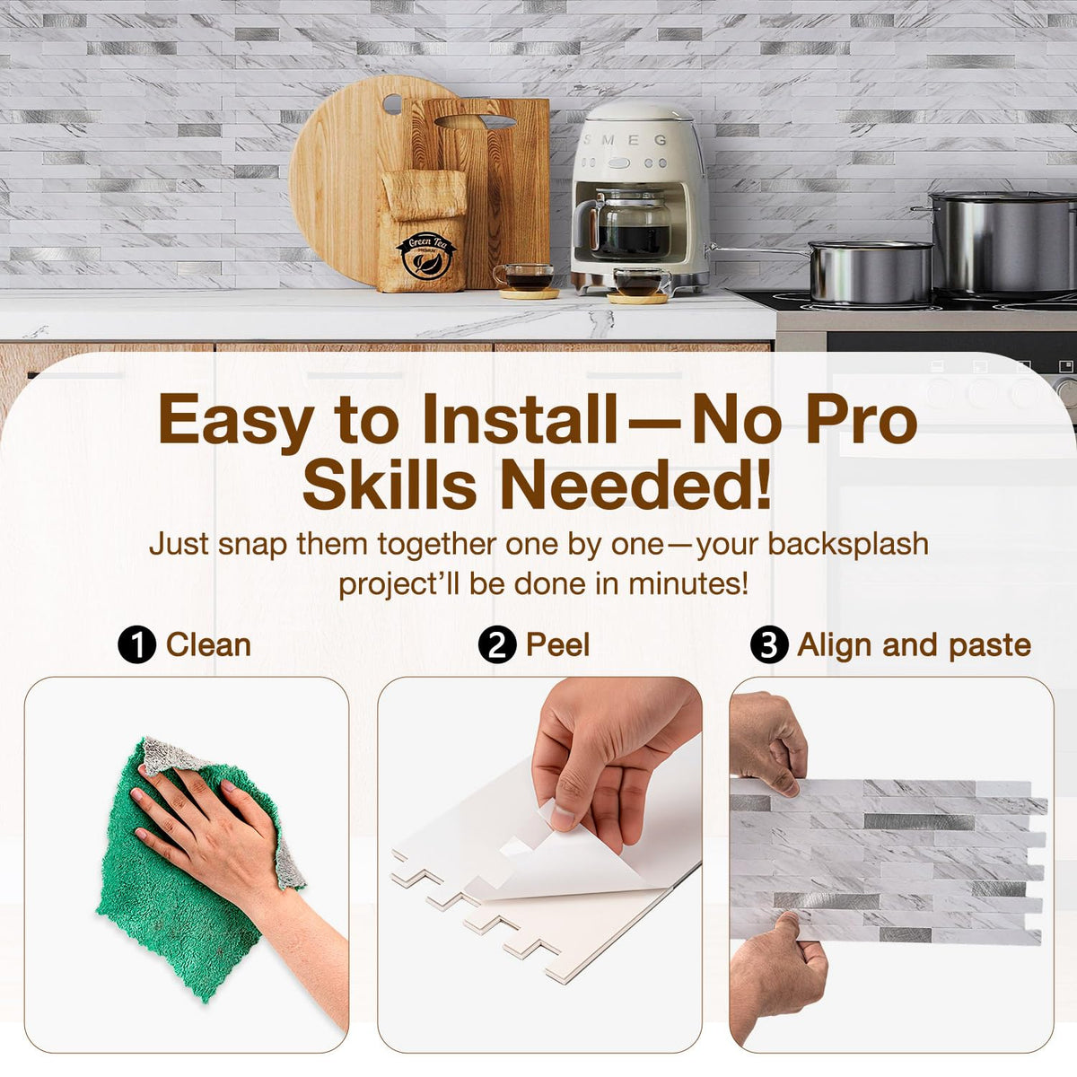 Peel and Stick Backsplash Tile Waterproof Removable PVC Wall Sticker 3D Faux Stone Marble Brick White Accent Panels