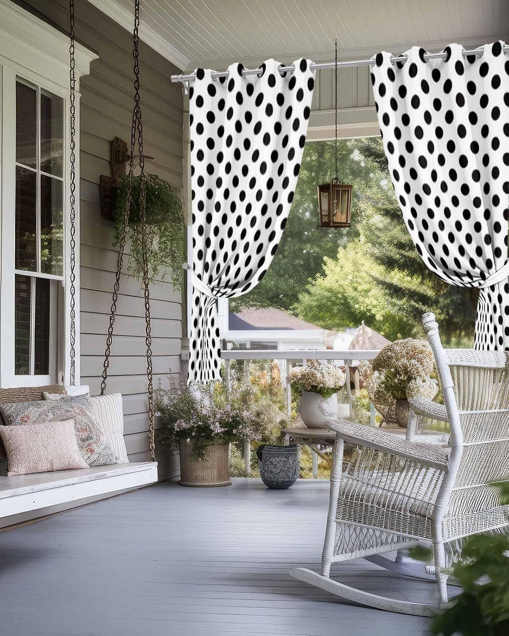 Outdoor Curtains (1 Panel) Waterproof, Black White Privacy Screen Outdoor Front Porch Decor, Grommet Outside Curtains for