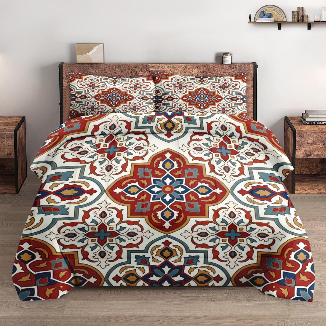 King Comforter Set, 3 Pieces Moroccan Boho Bedding, All Season