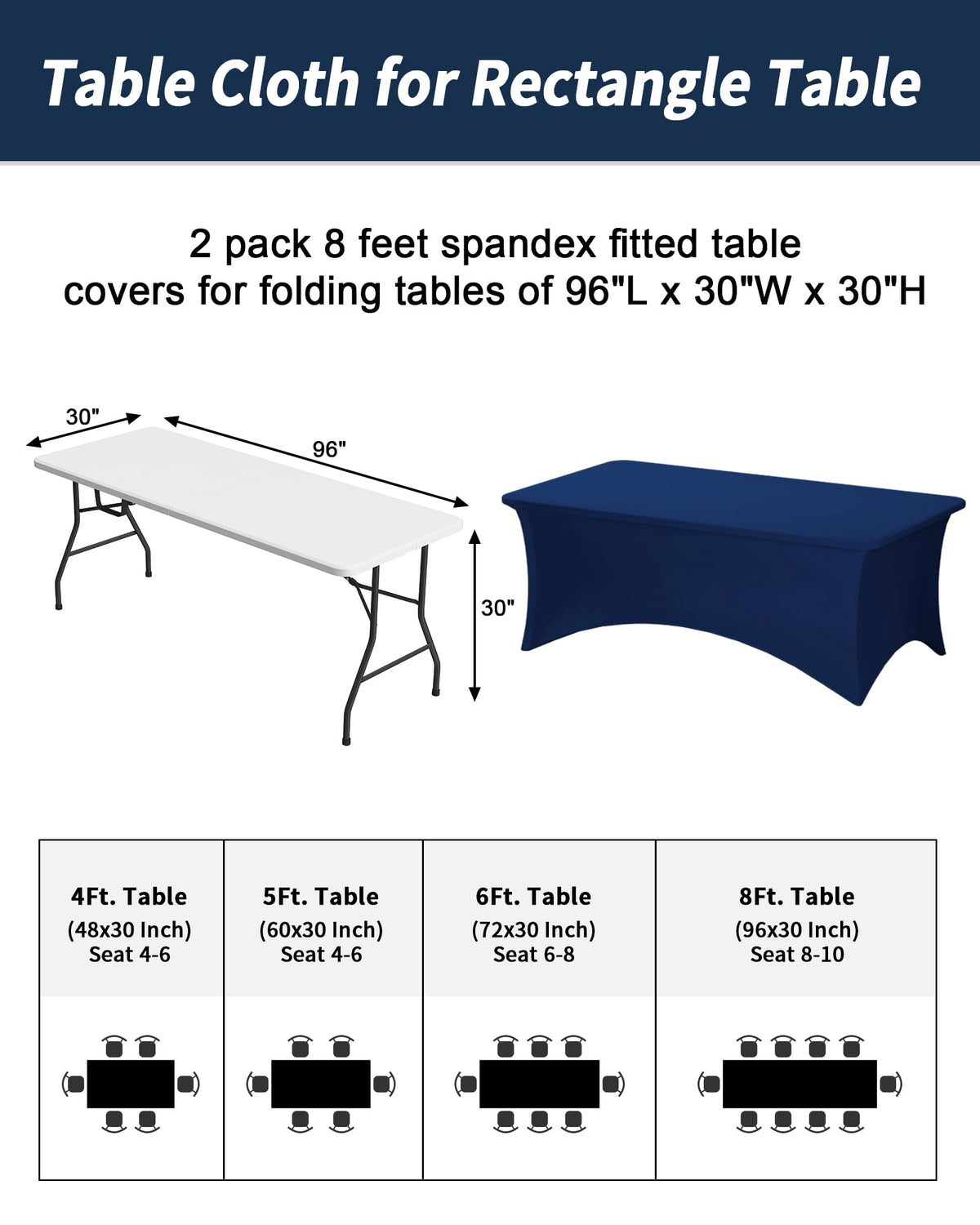 2 Pack 8FT Navy Blue Tablecloth Rectangle Spandex Table Cover