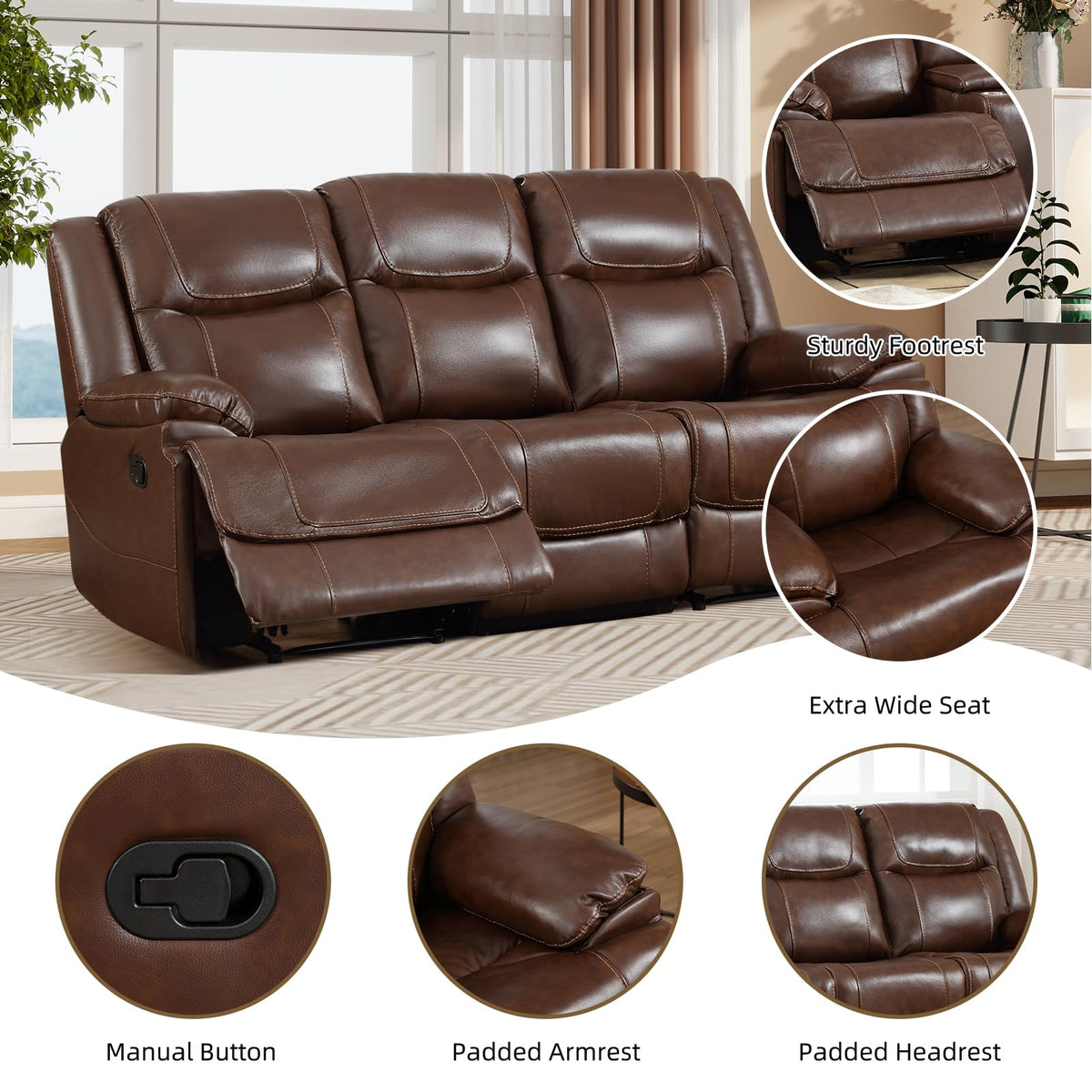 Genuine Leather Manual Recliner Sofa Furniture Set, Included Single Recliner Chair and 3 Seat Sofa, Modern Durable