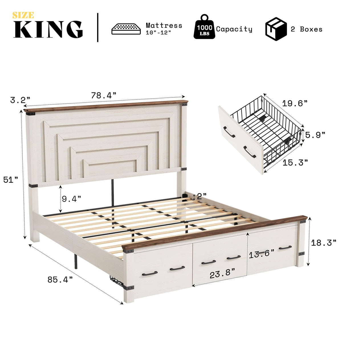 Bed Frame with 51" Headboard & Storage, Rustic White