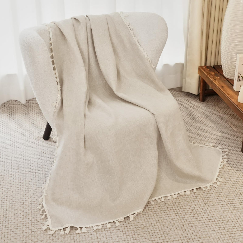 100% Pure Linen Blanket with Fringe, 49.6" x 59.8" - Blankets Lightweight Breathable, Decorative Linen Throw Blanket