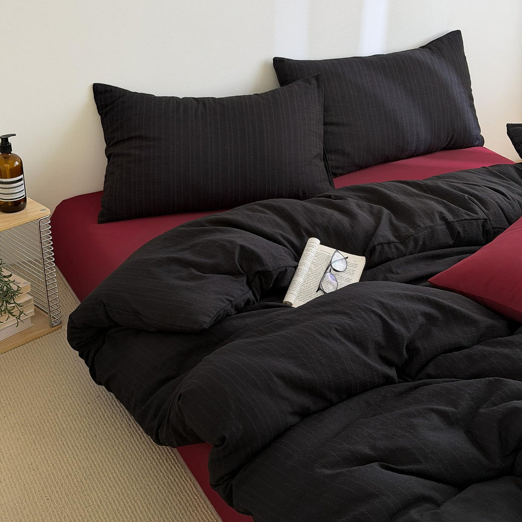 Retro Black Striped Duvet Cover 3 Pieces Textured Bedding Set
