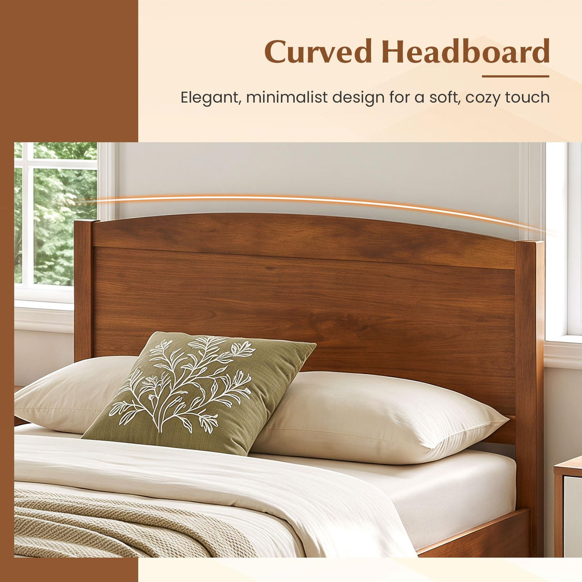 Twin Size Wooden Bed Frame with Curved Headboard, Walnut