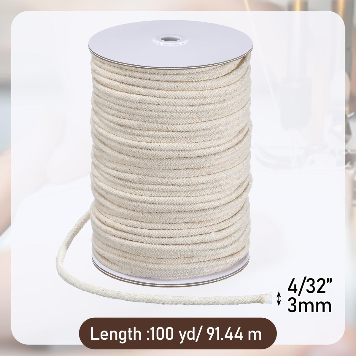 0.12 Inch x 100 yd Cotton Piping Cord Natural Cording for Sewing Cotton Cord for Upholstery Pillows Welting