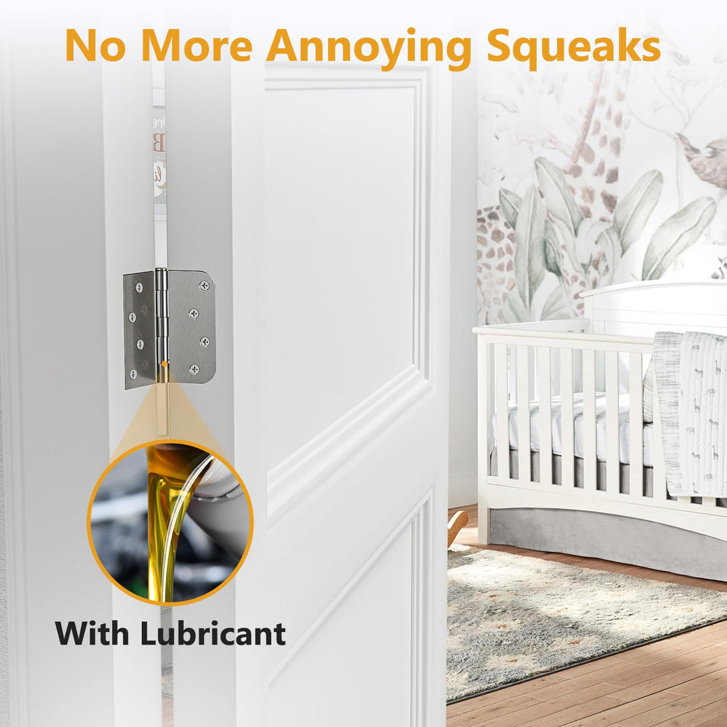6 Pack Brushed Nickel Door Hinges 4 Inch, Exterior Door Hinges with Square & 5/8" Radius, Removable Pin, Perfect for