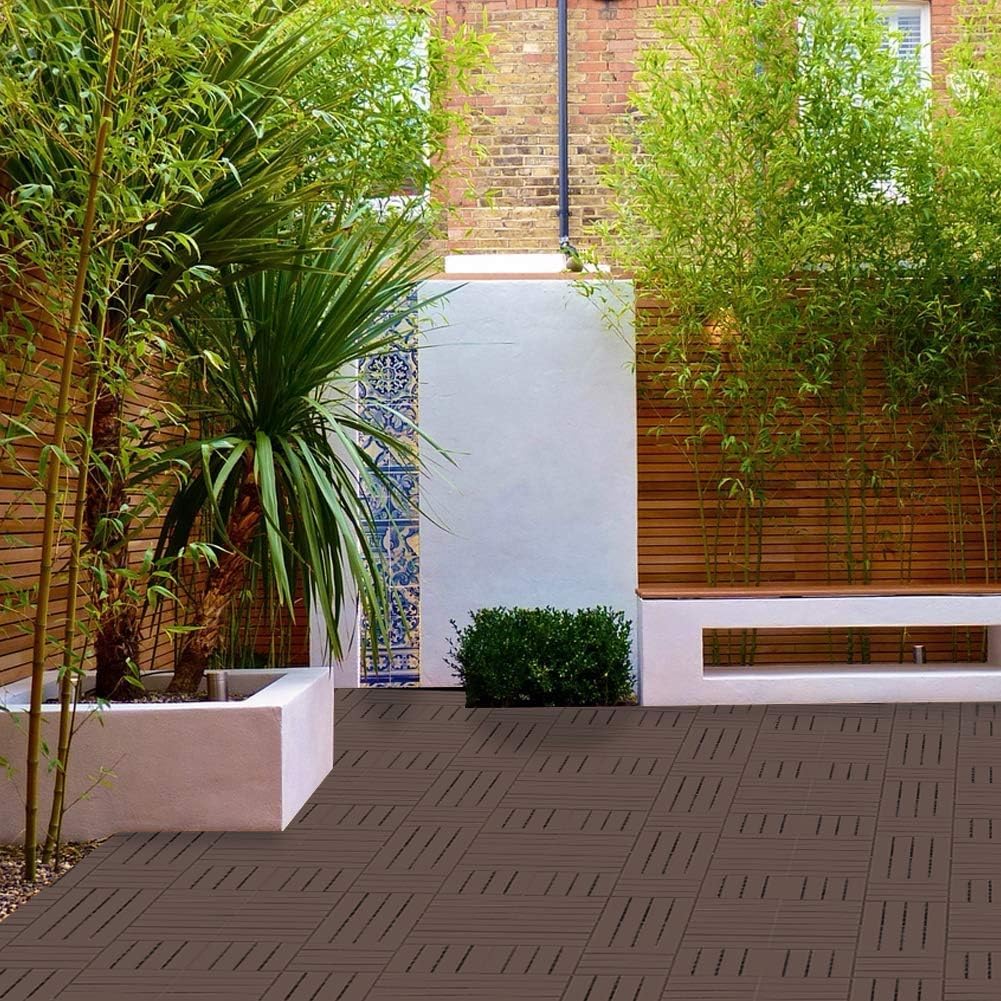 Patio Deck Tiles, 12 x 12 inches Composite Interlocking Decking Tile, Four Slat Plastic Outdoor Flooring, 44 Pieces