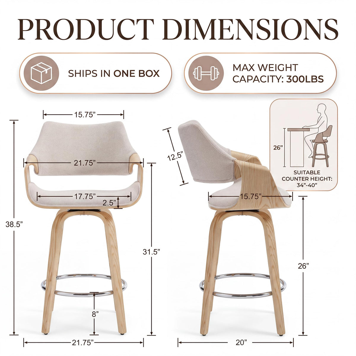 26" Swivel Bar Stool Set of 1, Beige Chenille Counter Height Barstool