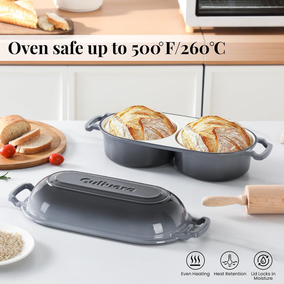 Cast Iron Double Dutch Oven, Mini Enamel Sourdough Bread Pan with Lid, Grey