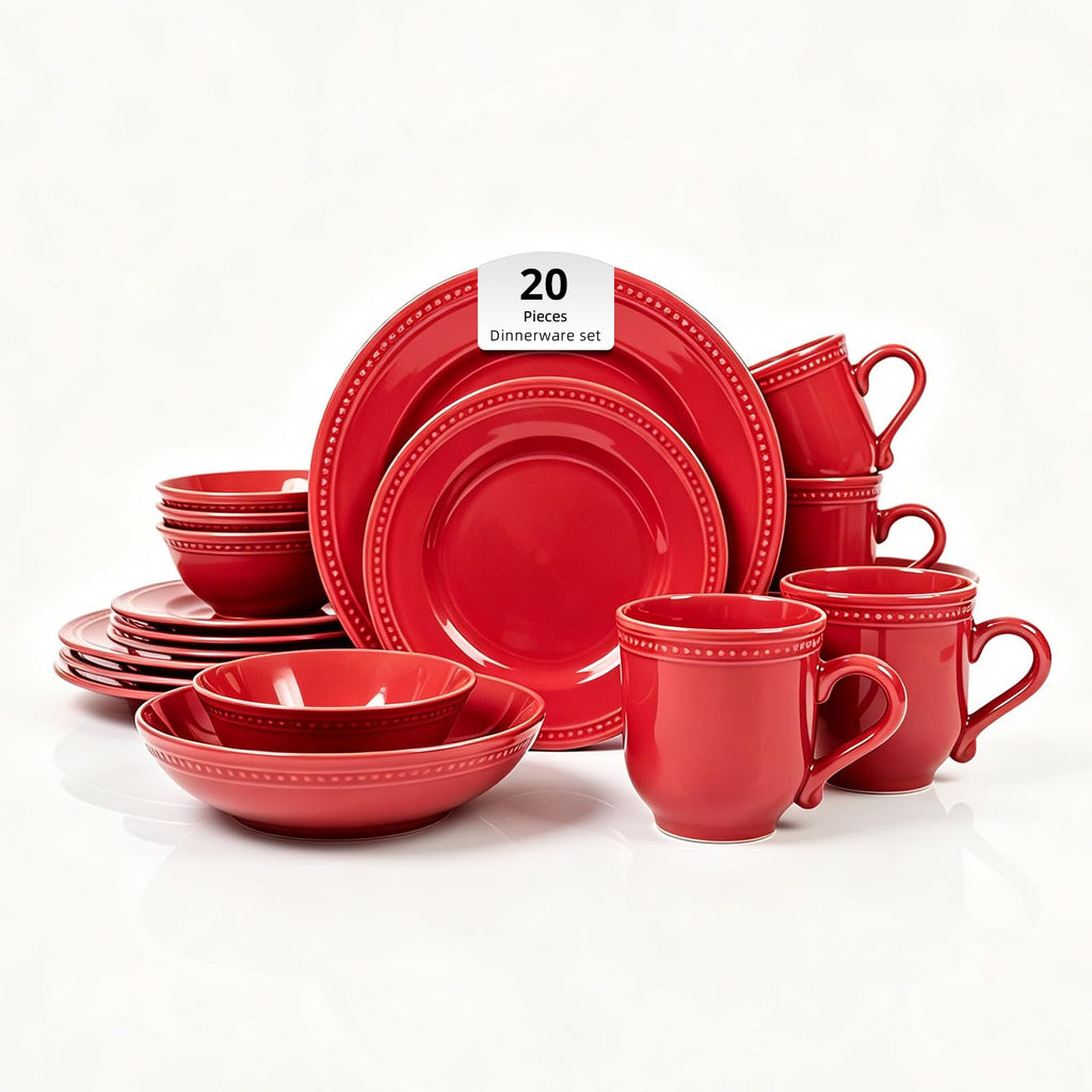 20-Piece Pearl Dots Stoneware Dinnerware Set, Red, Service for 4