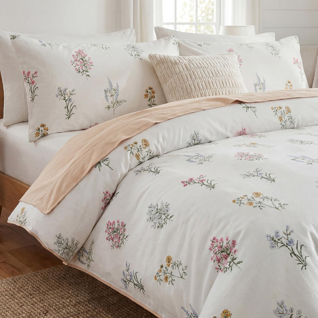 100% Washed Cotton Duvet Cover - Linen Like Reversible Durable Soft Floral Duvet Cover Sets, 3 Pieces White