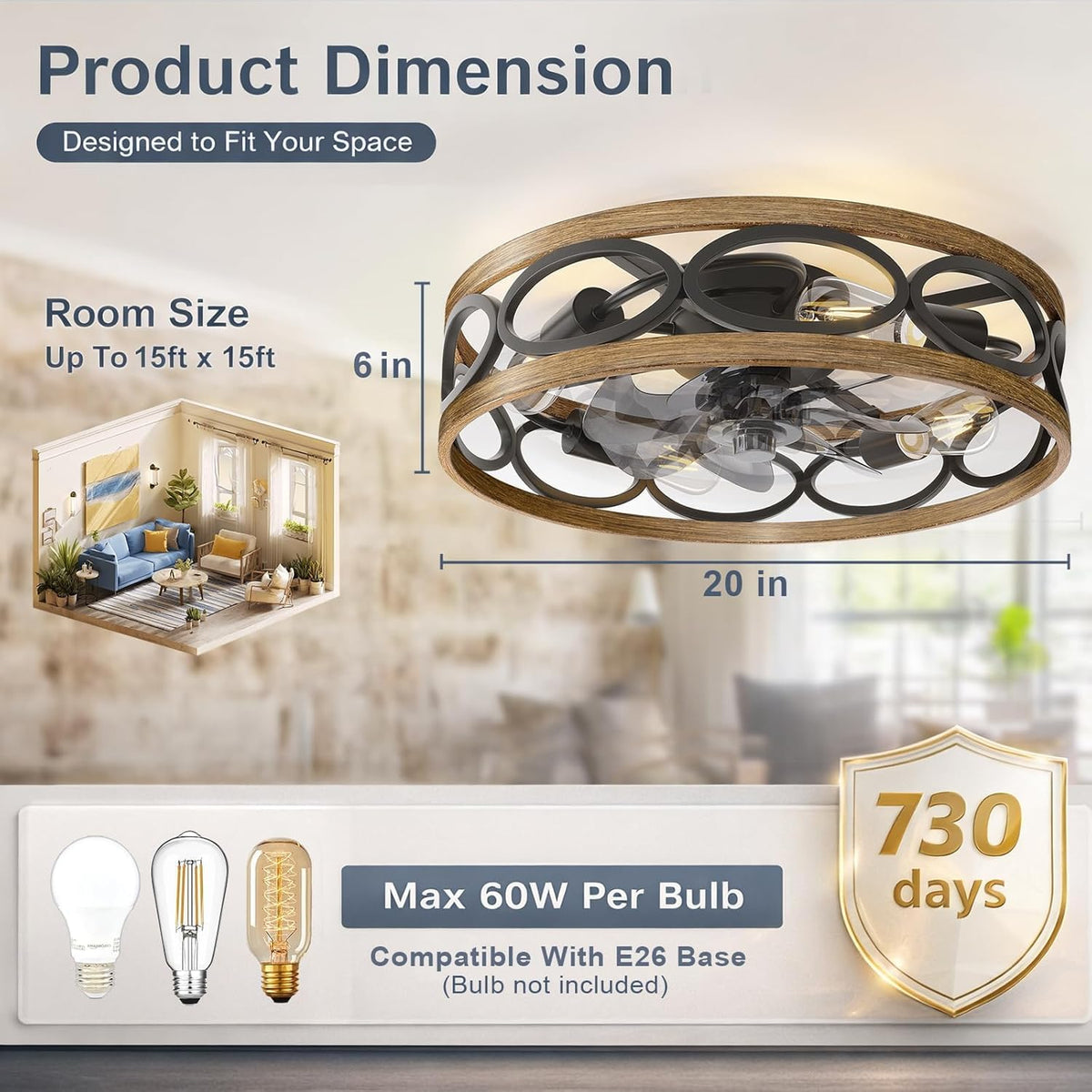 20" Flush Mount Caged Ceiling Fan with Light & Remote