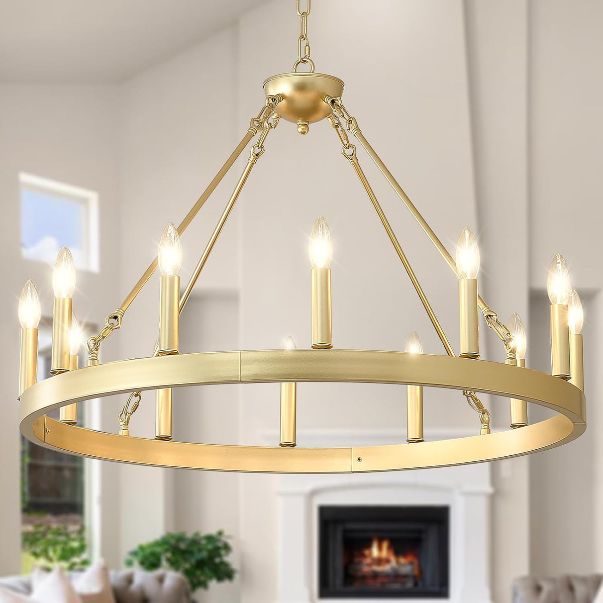 Gold Wagon-Wheel Chandelier, Elegant Ring Light for Dining Rooms and Foyers