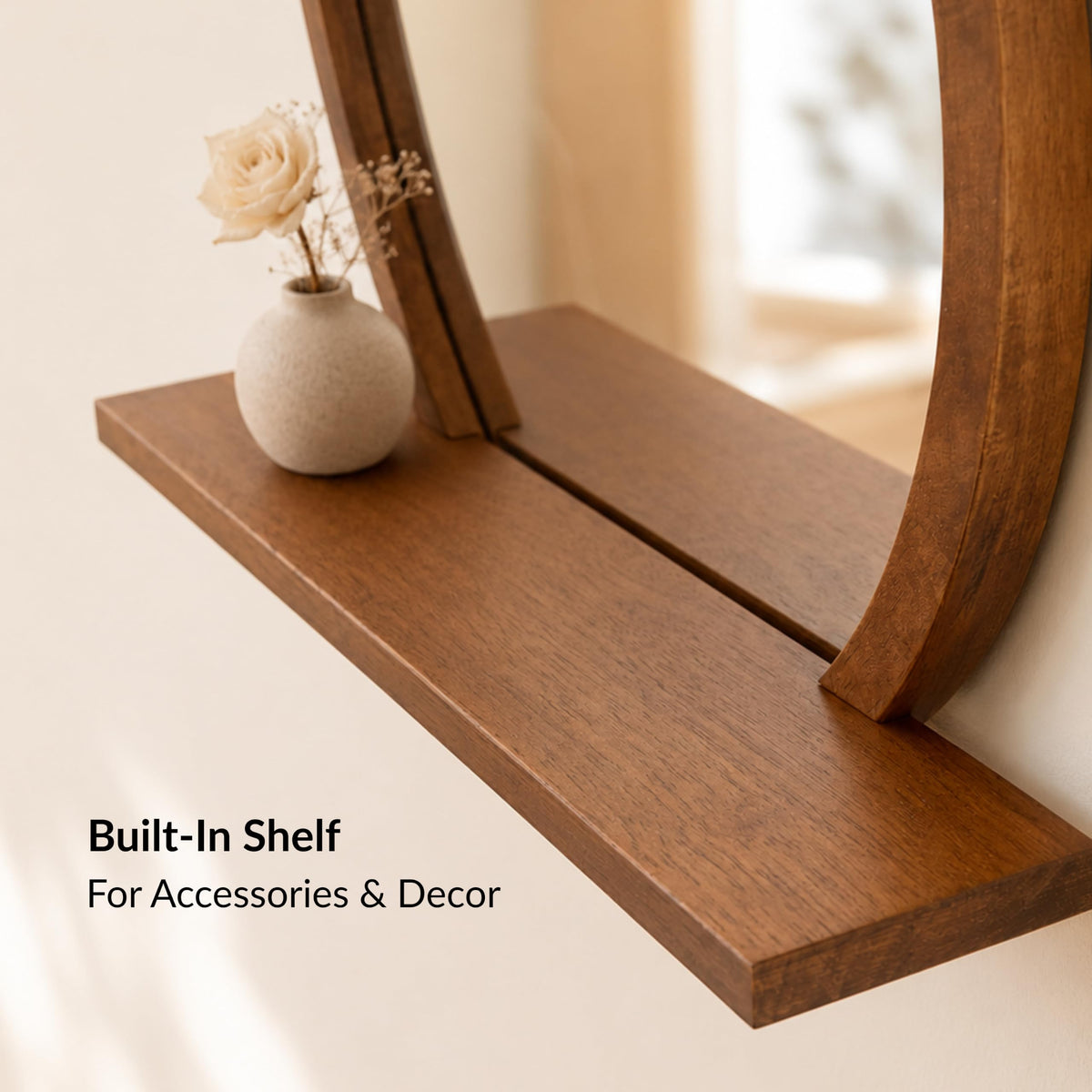 18" Round Wall Mirror with Shelf, Solid Wood Frame