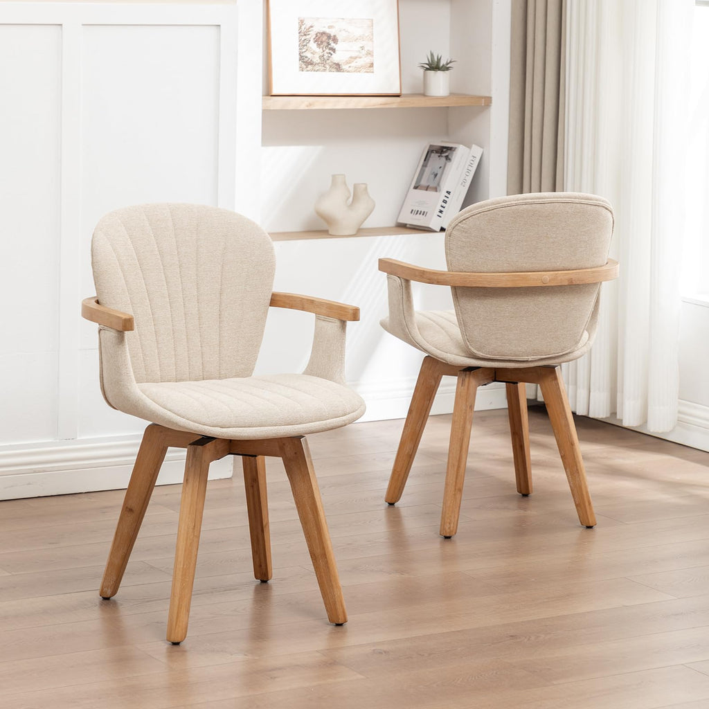 Swivel Dining Chairs Set of 2 with Arms Mid Century Modern Beige Charcoal Linen Look Fabric Kitchen Chairs, Bamboo