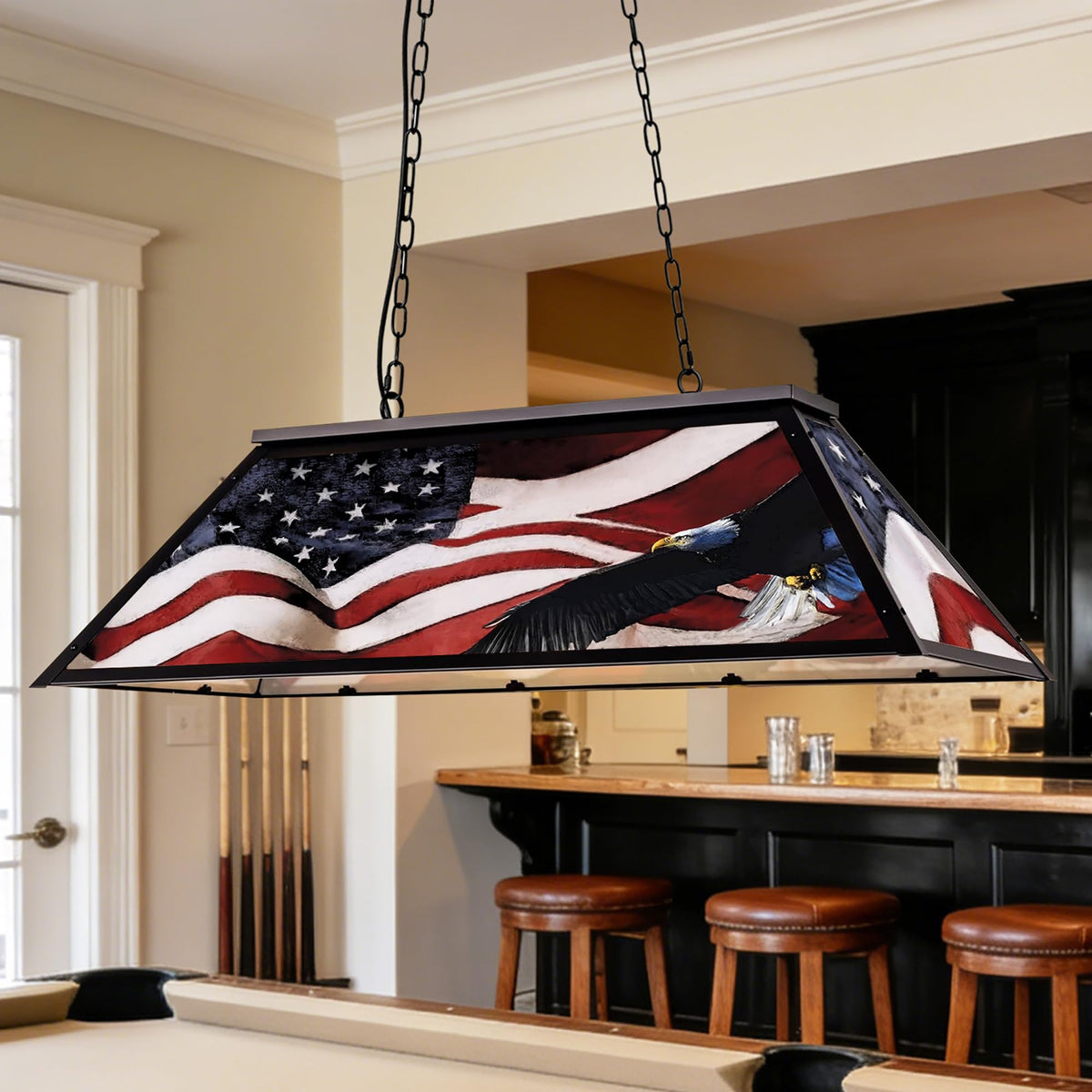 Tiffany Pool Table Lamp, 43'' Billiards Light Fixture for 7'-8' Pool Table Hanging Lamp, with American Flag