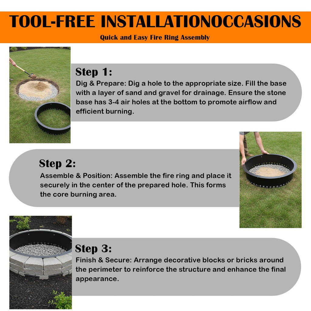Fire Ring for Outside Fire Pit 36-Inch Outer/32-Inch Inner Diameter, Heavy Duty Solid Metal Steel Round Fire Pit Ring