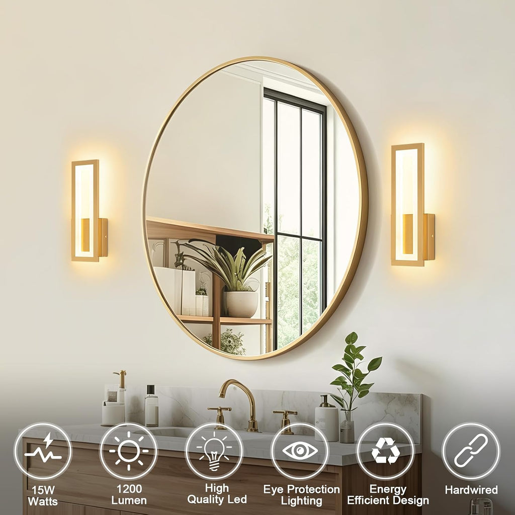 Modern LED Wall Sconces Set of 2, 3000K Warm White Led Wall Lighting Fixtures, Gold Minimalist Indoor Wall Lamp for Bathroom, Hallway, Bedroom, Living Room, Entryway(Gold)