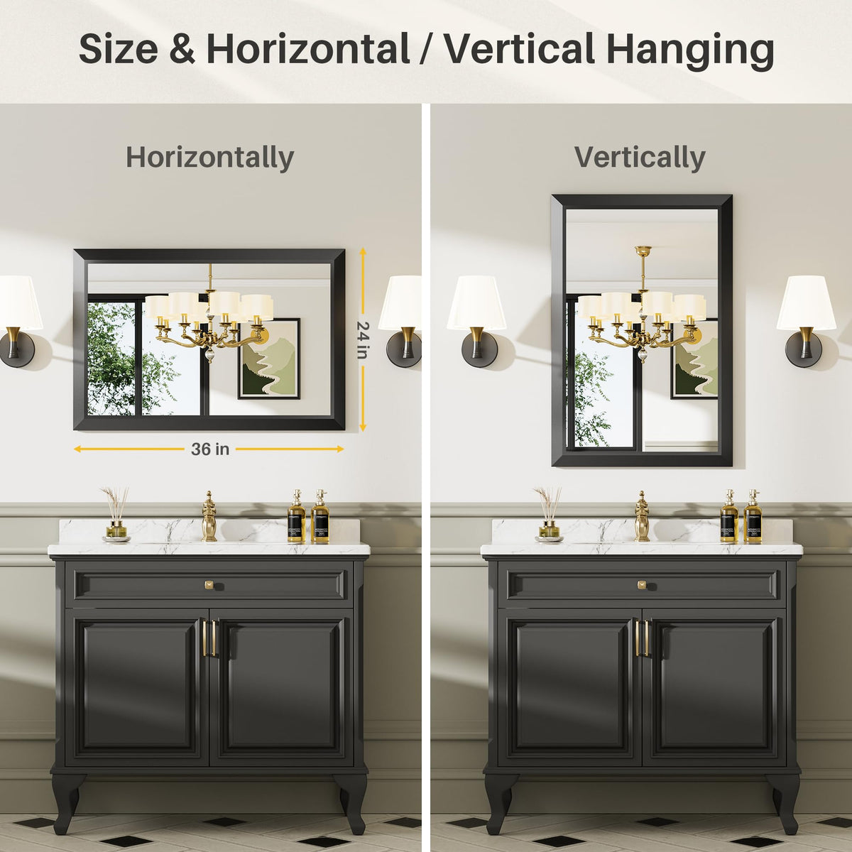 Black Metal Framed Bathroom Wall Mirror, 24x36 Inch