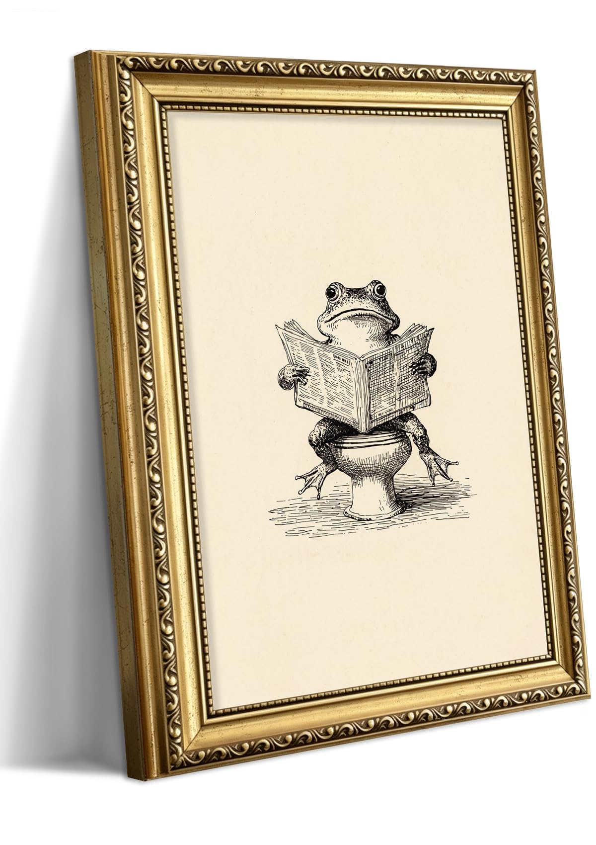Vintage Gold Framed Frog Wall Art, Funny Bathroom Animal Artwork 12x16 Inch