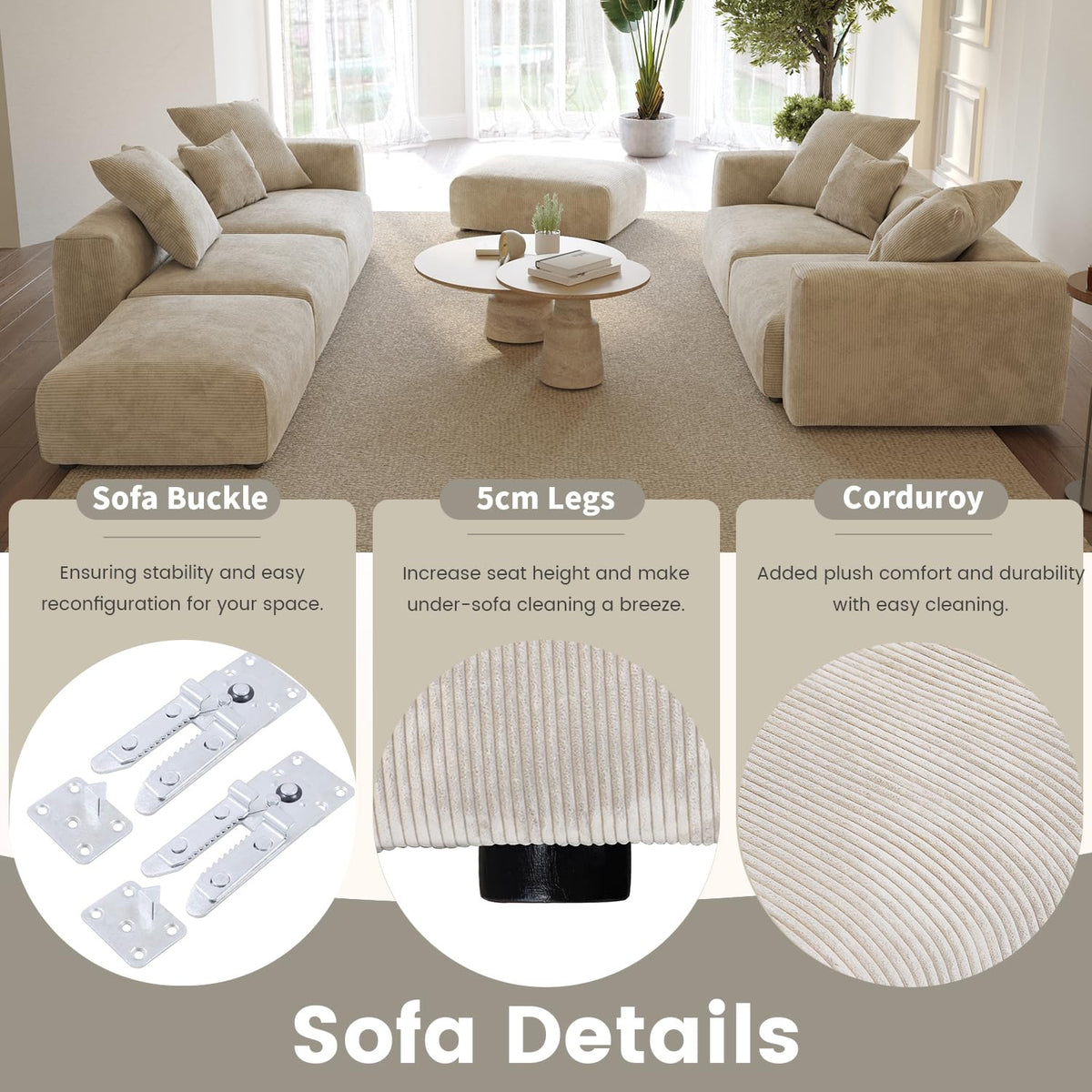 Oversized Modular Sectional Sofa with Ottomans, 5 Seater Corduroy L Shaped Reversible Corner Couch, 181.1" Convertible
