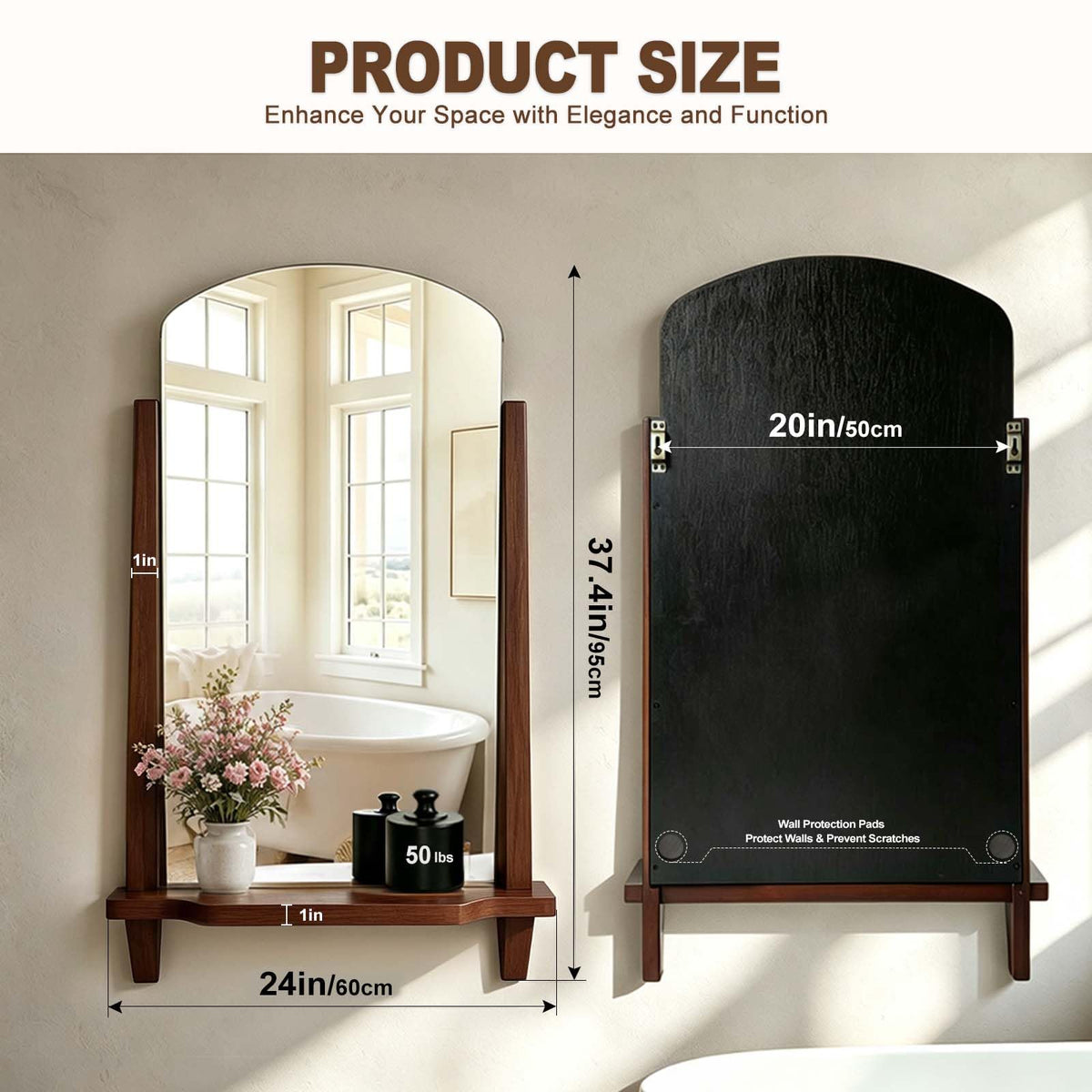 Arched Wall Mirror with Shelf, 24" x 37.4" Solid Wood Frame Bathroom Mirror, Walnut Brown Farmhouse Decorative Mirror