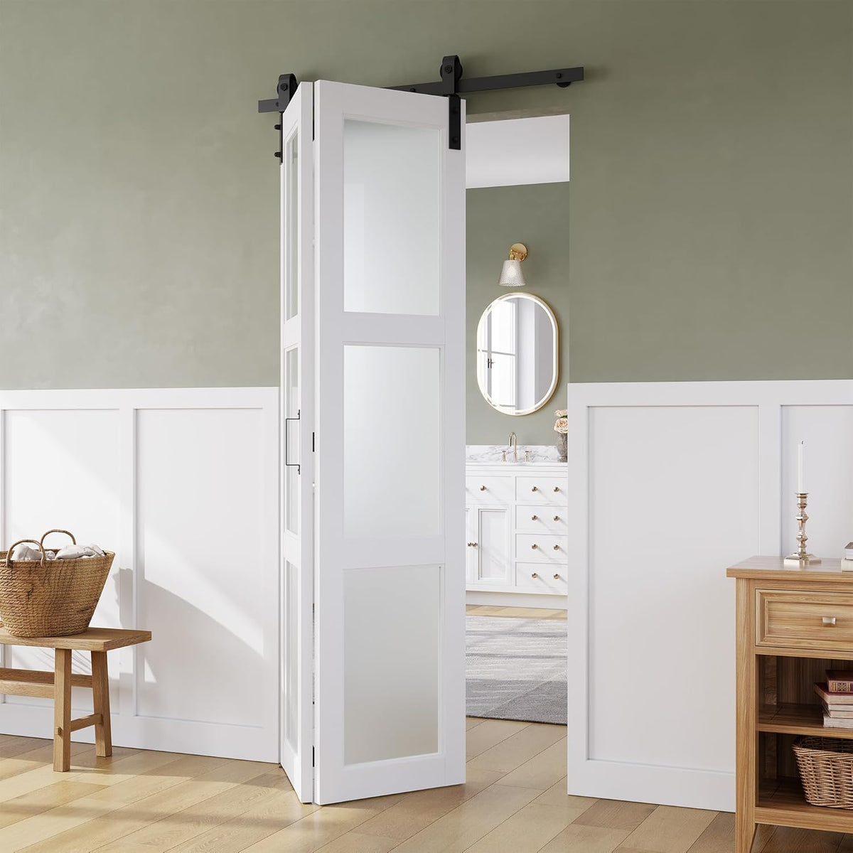 36in x 84in Bifold Barn Door, Frosted Glass Barn Door with Hardware Kit Included, Pre-Drilled Holes Easy Assembly