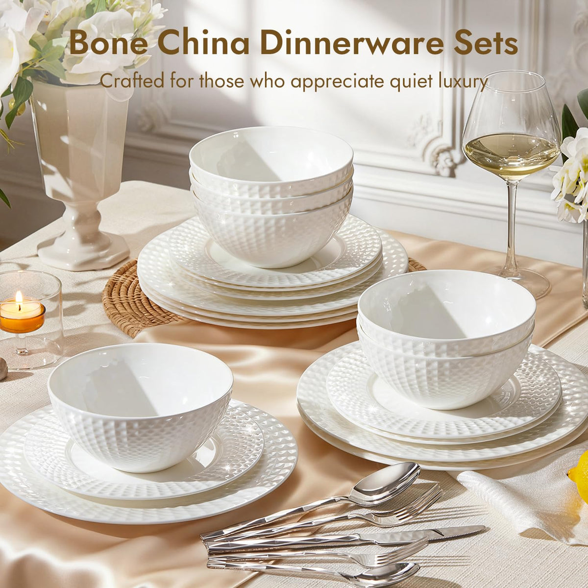 24Pc Rhombus Edge White Bone China Set, Service for 8